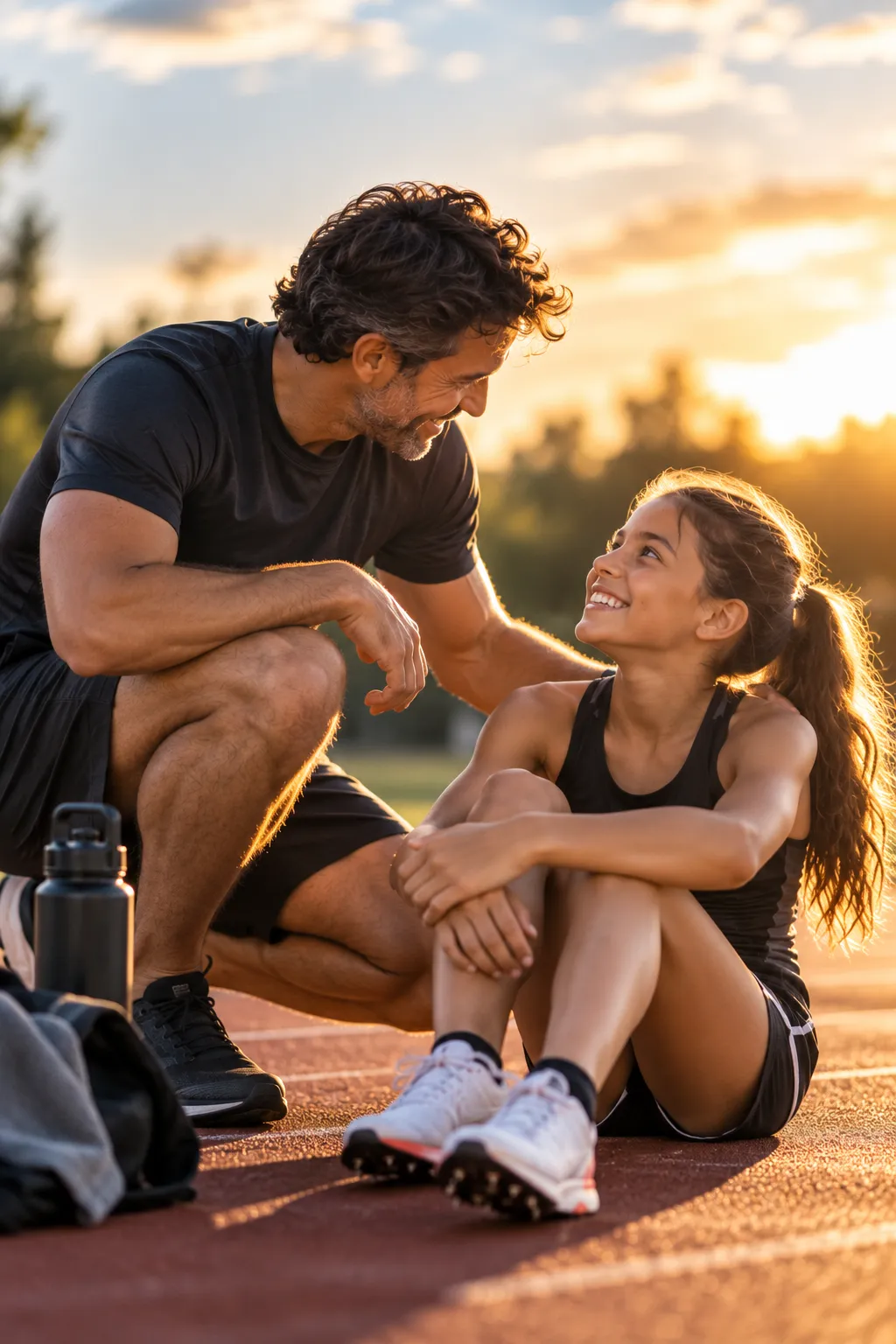 Papá agachado junto a su hija atleta en la pista, sonriéndose al atardecer