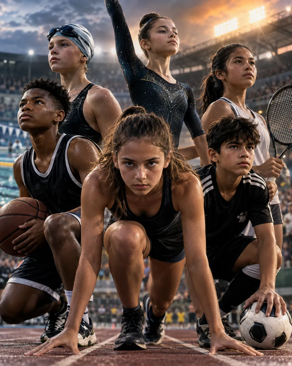 Seis atletas jóvenes de natación, gimnasia, básquetbol, atletismo, tenis y fútbol, concentrados en un estadio
